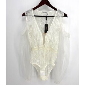 NEW X‎ Intima Full Lace Bridal Bodysuit Deep Bust Sheer Long Sleeves XL Sexy NWT